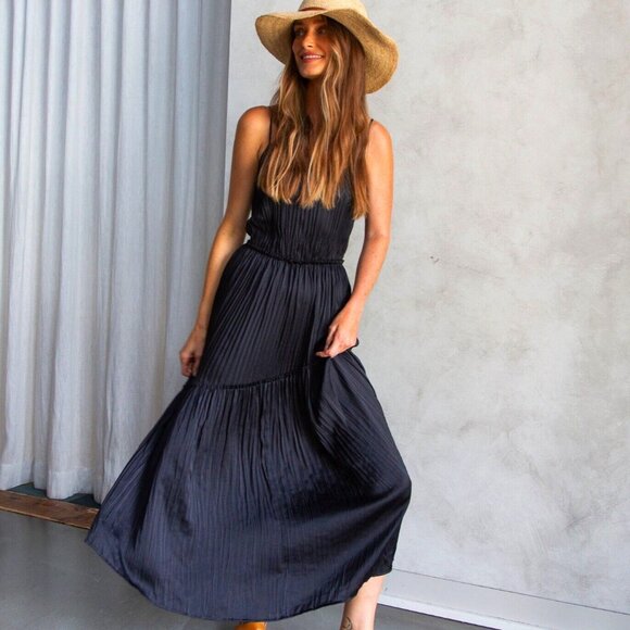 Vince Dresses & Skirts - VINCE Tiered Asymmetric Satin Strappy Midi Slip Dress Black XL